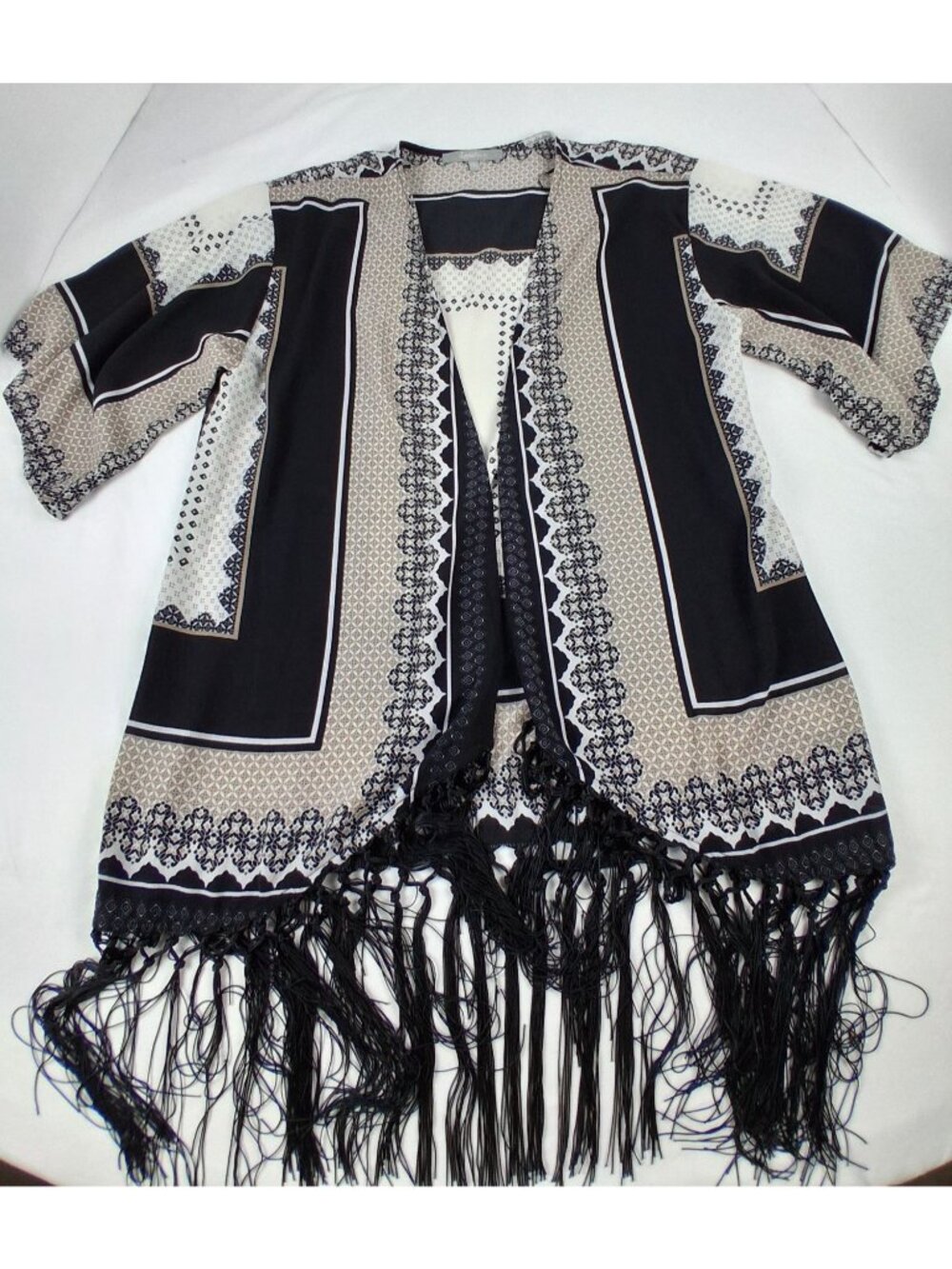 Sweet Rain Boho Kimono Cardigan W/ Long Fringe Trim Geometric Print Womens Size - Picture 2 of 11